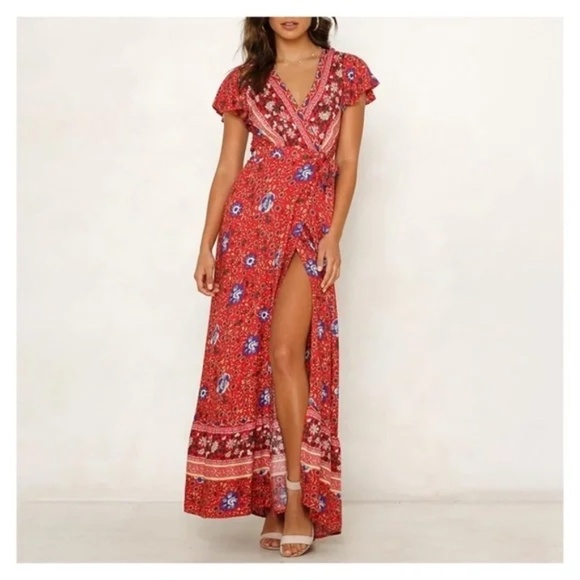 Maxi Dress Red Wrap V Neck Short Sleeve Front Split Summer Floral Belted, Size S - Picture 1 of 10